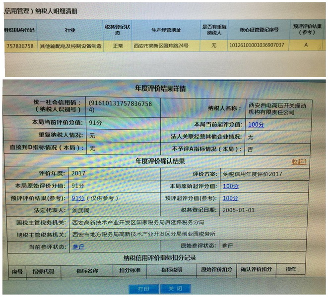 西电操动机构荣获纳税信用等级“A级纳税人”称号